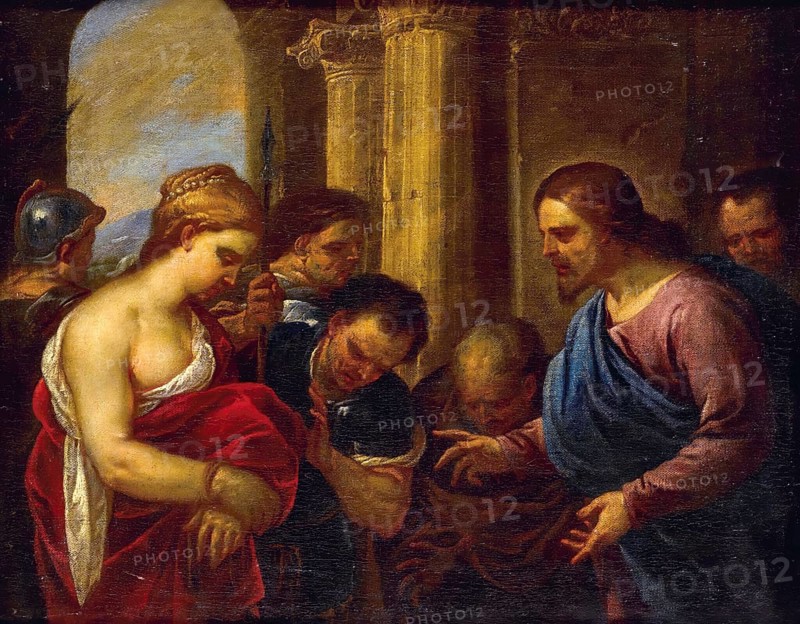 Luca Giordano (b. 18 October 1634, d. 3 January 1705), called Fa Presto, Italian painter and etcher of the Baroque period, Christ and the Adulteress, Painting, Reproduction of the painting in its original state, Work of art, Historical, Religious scene with several figures in a dramatic discussion