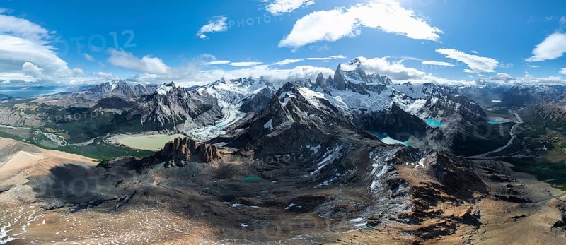 Aerial view, epic panorama, large glaciers, glacial lakes Lago de los Tres Laguna Sucia and Laguna Torre, mountains and peaks of Monte Fitz Roy and Cerro Torre, Fitz Roy mountain range, Cerro Chalten, Los Glaciares National Park, Patagonia, Santa Cruz Province, Argentina