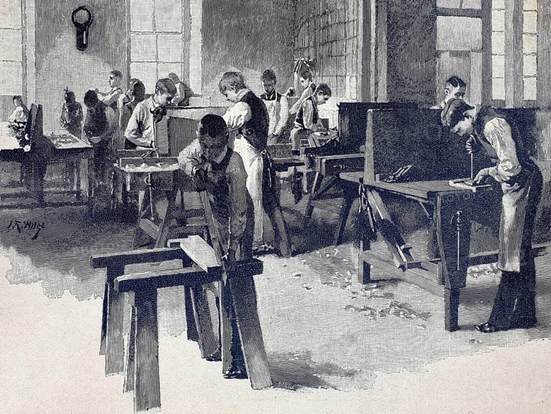 Carpenter's workshop, carpenter, in 1890, Germany, illustration, reproduction from a model from the 19th century. Authentic, file restored for optimal use, exact date of original unknown, historical, men working in a historic woodworking workshop using traditional tools in black and white style