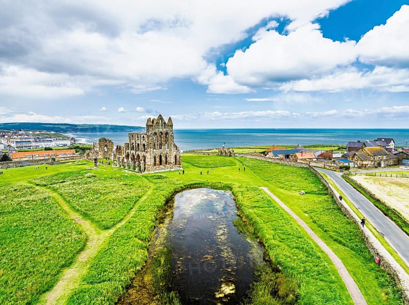 Whitby Abbey over River Esk from a drone, North Yorkshire, England, United Kingdom
