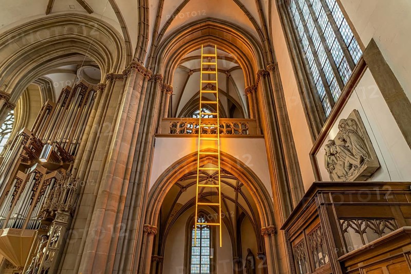 Light installation Ladder to Heaven in the interior of the parish church of St. Lamberti in Münster, North Rhine-Westphalia, Germany