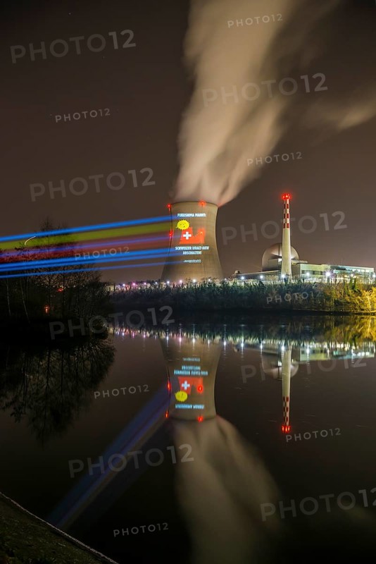 Protest action broadcast by the anti-nuclear organization, projection, night view, 05-03-2026, Waldshut, Leibstadt nuclear power plant, Rhine, Upper Rhine, Canton of Aargau, Switzerland