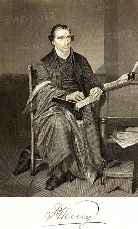 Patrick Henry (1736-1799) portrait of famous American, politician and lawyer, representative of the American independence movement, chair, sitting, books, writing, writing desk, ink, pen, papers, first view, USA, signature, artist Alonzo Chappel, steel engraving, historical illustration 1862