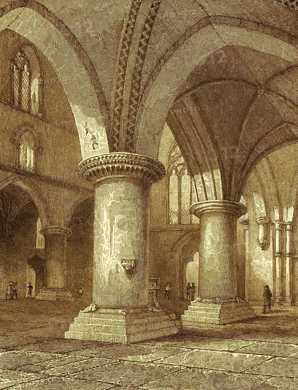 Interior of St Cross Church, Winchester, Holy Cross Church, 12th century, county of Hampshire, Plantagenets period, medieval architecture, round pillars, vault, window, visitors, England, Great Britain, steel engraving, historical illustration 1842
