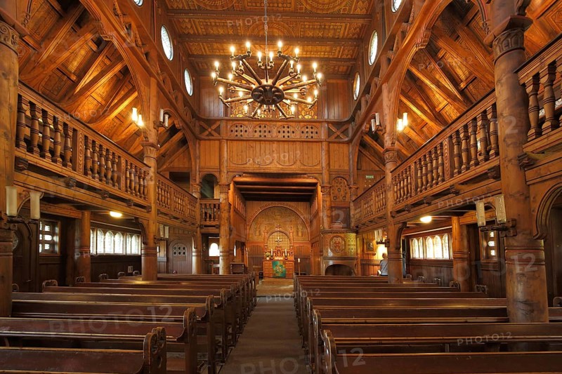 Interior view of Gustav-Adolf-Stabkrche built in 1908, wooden church, wooden structure, Hahnenklee, Harz, Lower Saxony, Germany