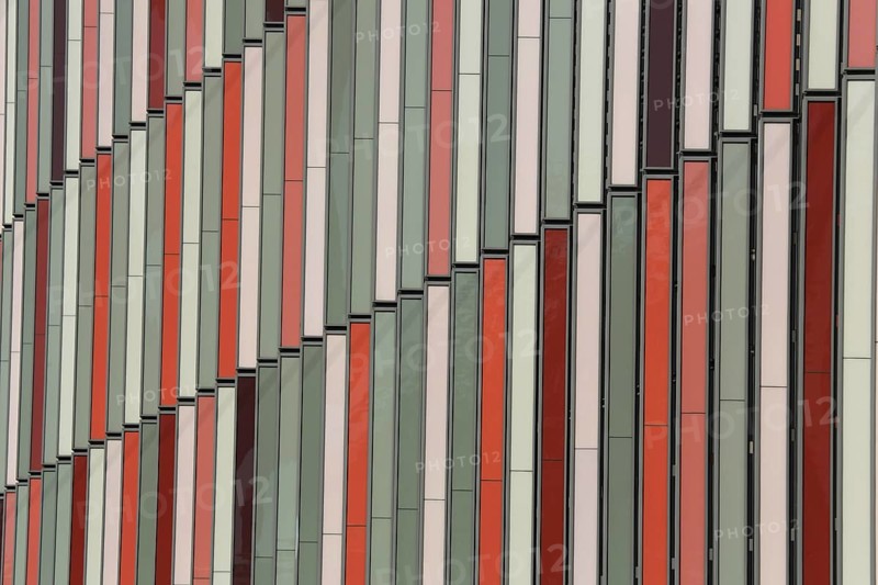 House facade of the KfW western arcade, geometric red white patterns, lines, linear, backgrounds, strokes, modern building, modernism, Bockenheimer Warte, Frankfurt am Main, Hesse, Germany