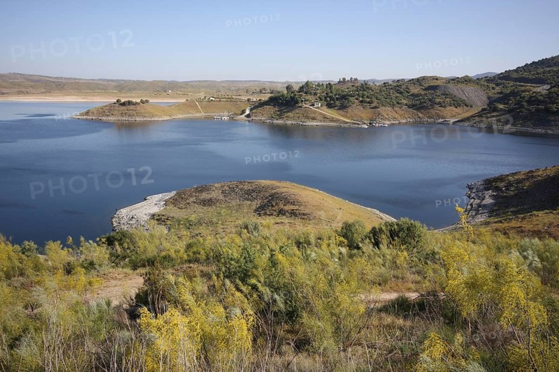 Landscape with banks of Embalse de Alcantara, Reservoir, Extremadura, Spain