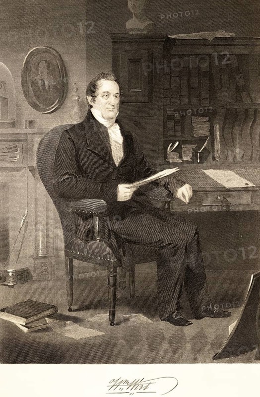 William Wirt (1772-1834) lawyer and politician, Minister of Justice, advocate of Indian rights, room, bookcase, table, armchair, document, books, fireplace, portrait of famous Americans, signature, artist Alonzo Chappel, steel engraving, historical illustration 1862