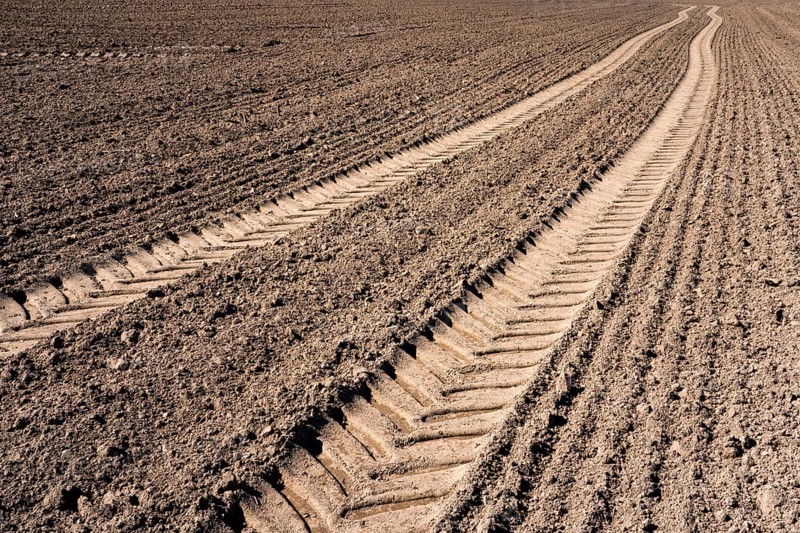 Tractor tracks, agricultural trails at a cultivated field in springtime, farmland near Wesertal, Weser Uplands, Weserbergland, Hesse, Germany