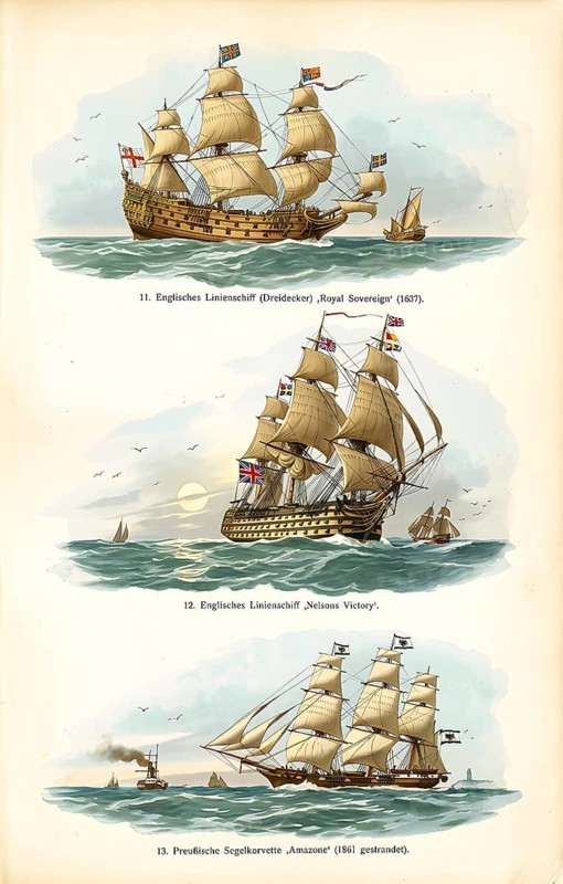Display board ship types, English liner, triplane from 1637, English liner Nelson's Victory, Prussian sailing corvette Amazon, historical illustration, digitally edited, sailing ship, sail, windjammer, ship, shipping, sailboat