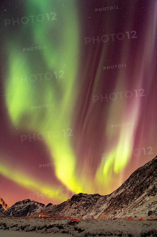 Aurora over the mountains and sea of Lofoten, Northern Lights, Northern Lights, Landscape, Leknes, Nordland/Lofoten, Norway
