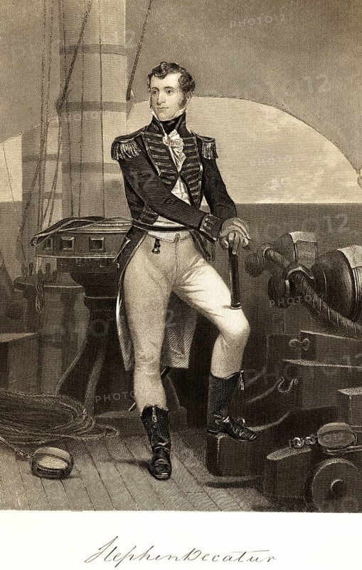 Stephen Decatur Junior (1779-1820) naval officer, successes in the Mediterranean through gunboat policy, successes against England, high reputation, sailing ship, on deck, cannons, uniform, solzer view, USA, portrait of famous Americans, signature, artist Alonzo Chappel, steel engraving, historical illustration 1862