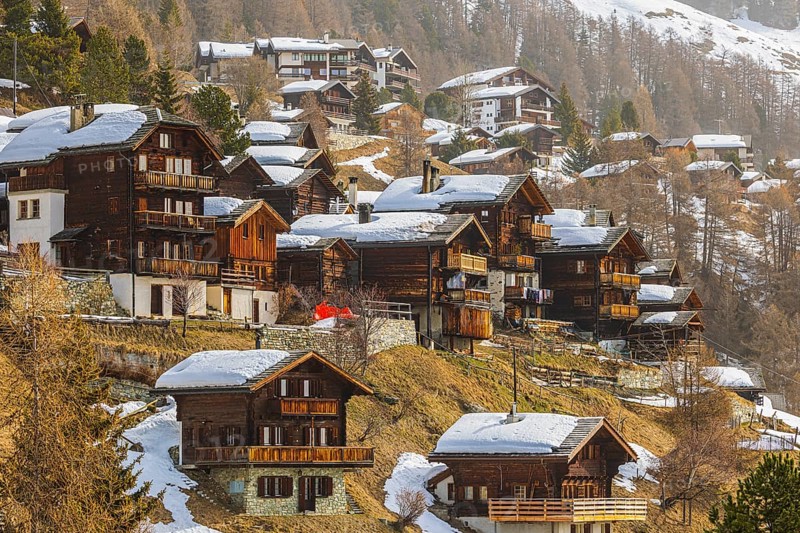 Snow-covered old farmhouses, historic town center, Chandolin, Val d'Anniviers, Valais Alps, Canton of Valais, Switzerland