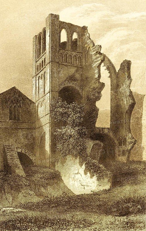 Castle Acre Priory, Norman Castle Ruins, Norfolk, East Anglia, Castle Complex, Abbey, Square Tower, Driveway, Nature, England, Great Britain, Steel Engraving, Historical Illustration 1842