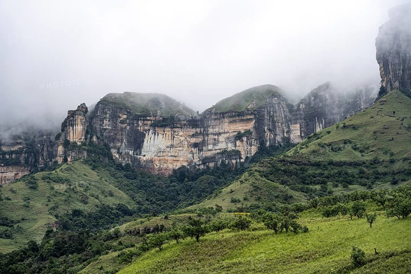 Landscape with mountains and fog, Drakensberg National Park, KwaZulu Natal, South Africa