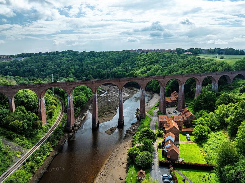 Larpool Viaduct over River Esk and Esk Valley Viaduct from a drone, Whitby, North Yorkshire, England, United Kingdom