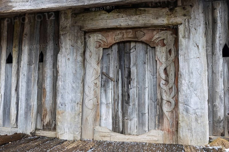 Entrance door to the Wickinger building, wooden door, winter, Stokksnes, Vestrahorn, Klifatindur, Höfn, Iceland, Scandinavia