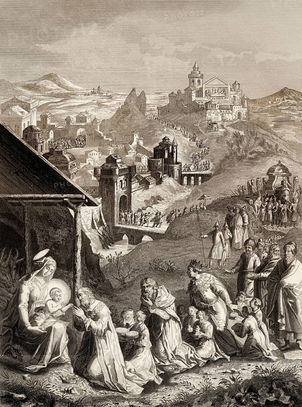 The epiphany of Jesus, Arrival of the Magi, steel engraving, 1853, digitally restored