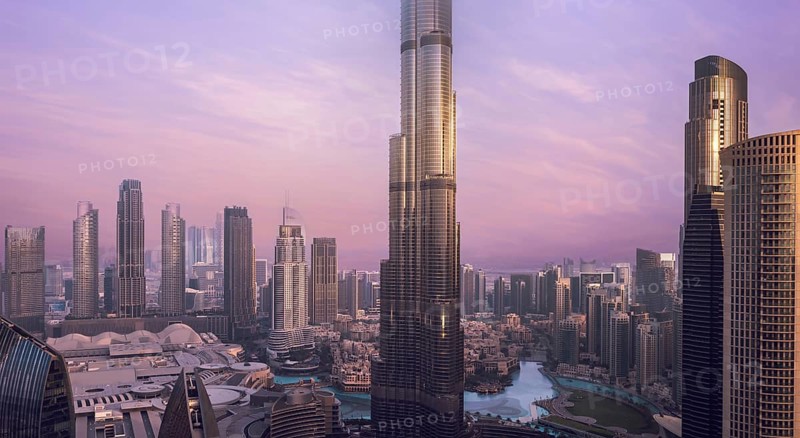 UAE, Dubai panoramic skyline view of city downtown and business district