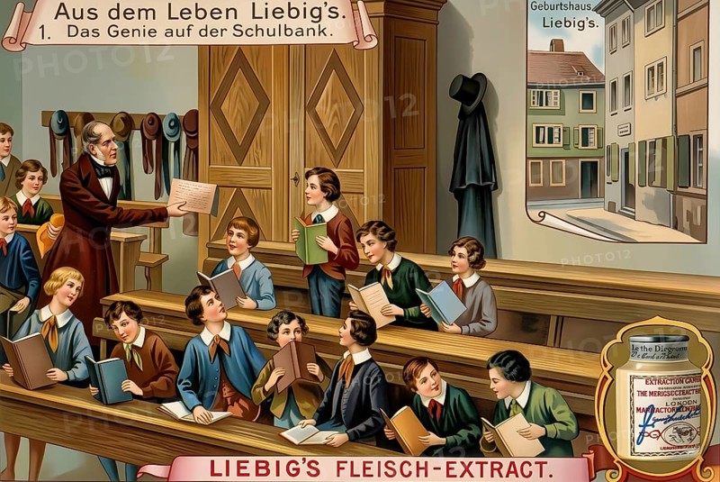 Advertisement for Liebig's meat extract around 1890, invented by chemist Justus von Liebig, historical figure, historical illustration, digitally processed, food, shelf life, meat