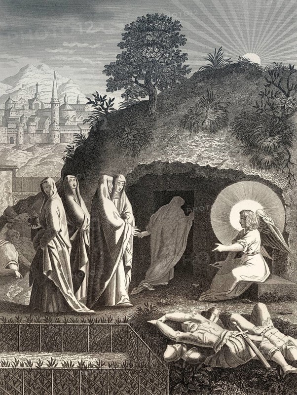 The empty tomb, Resurrection of Jesus, New Testament, steel engraving 1853, digitally restored