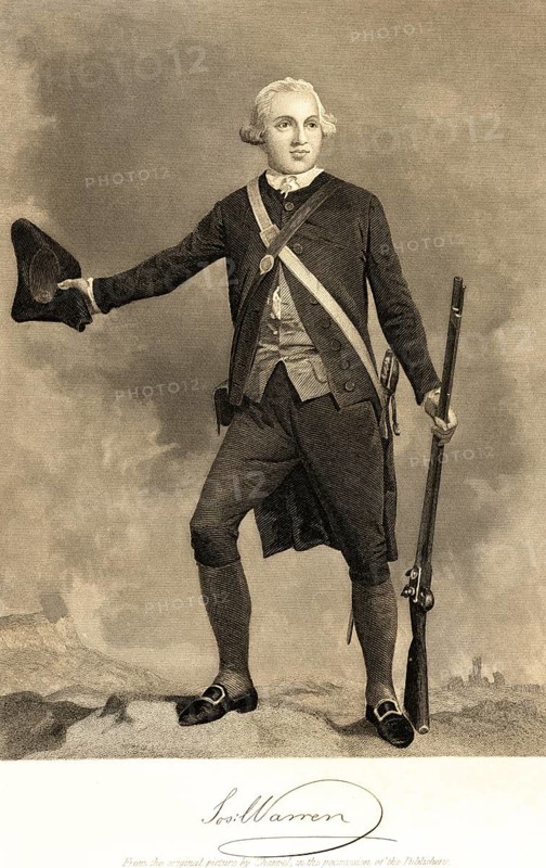 Joseph Warren (1741-1775) portrait of famous American, physician, major general, officer in the American War of Independence, death in the Battle of Bunker Hill, rifle, tricorn hat, waistcoat, signature, artist Alonzo Chappel, steel engraving, historical illustration 1862