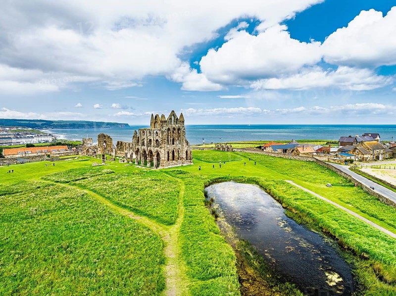 Whitby Abbey over River Esk from a drone, North Yorkshire, England, United Kingdom