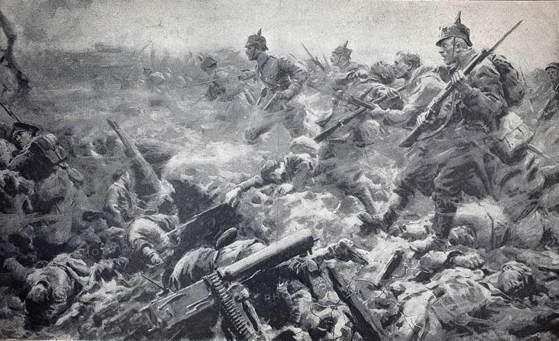 World War I, German attack on an English trench near Giwenchy, France, 1915, illustration, reproduction from a model from the 19th century. Authentic, file restored for optimal use, exact date of submission unknown, historical, soldiers storming across a battlefield surrounded by smoke and falling fallen victims