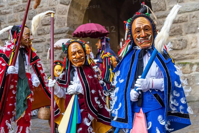 The highlight of the Swabian-Alemannic carnival is the fool's jump in Rottweil. Around 4000 fools jump through the historic Black Gate. The figure of Federahannes, who makes huge jumps, is distinctive. Rottweil, Black Forest, Baden-Württemberg, Germany