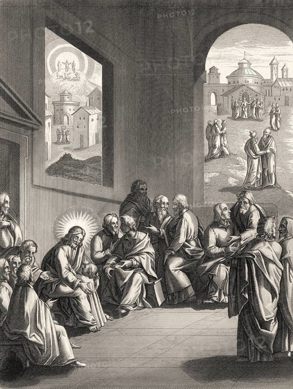 Jesus teaches the disciples about humilty and fraternal correction, steel engraving 1853, digitally restored