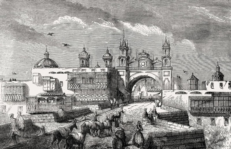 Old stone bridge and the Church of Our Lady of the Forsaken, Historic Center of Lima, Peru, 1857