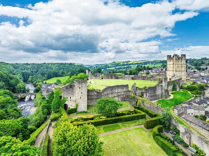 Richmond Castle from a drone, Richmond, Yorkshire Dales, North Yorkshire, England, United Kingdom