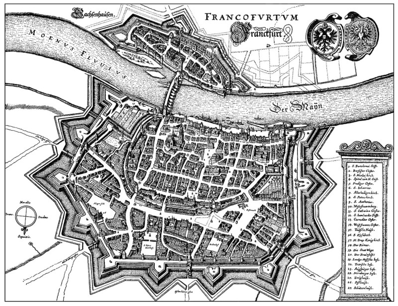 Panoramic view Frankfurt, Main, 17th Century, Germany, Europe, Historische Zeichnung, Stadtansicht aus dem 17. Jahrhundert von Frankfurt am Main, Deutschland, Europa