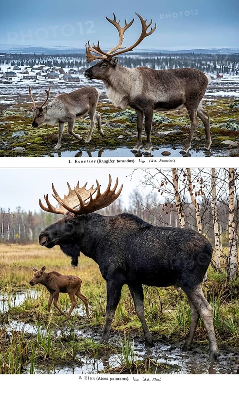 Display board deer, reindeer (Rangifer tarandus), elk (Alces alces), animal world, animal kingdom, fauna, wild animal, historical illustration, digitally processed