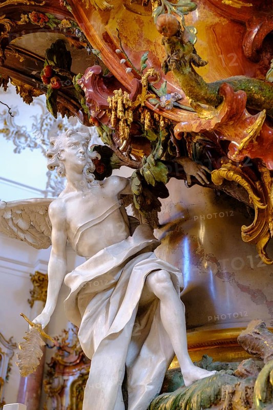 Archangel Michael, Expulsion from Paradise, Pulpit, Minster, Zwiefalten Monastery, Swabian Alb, Dobeltal, Upper Swabia, Swabia, Baden-Württemberg, Germany