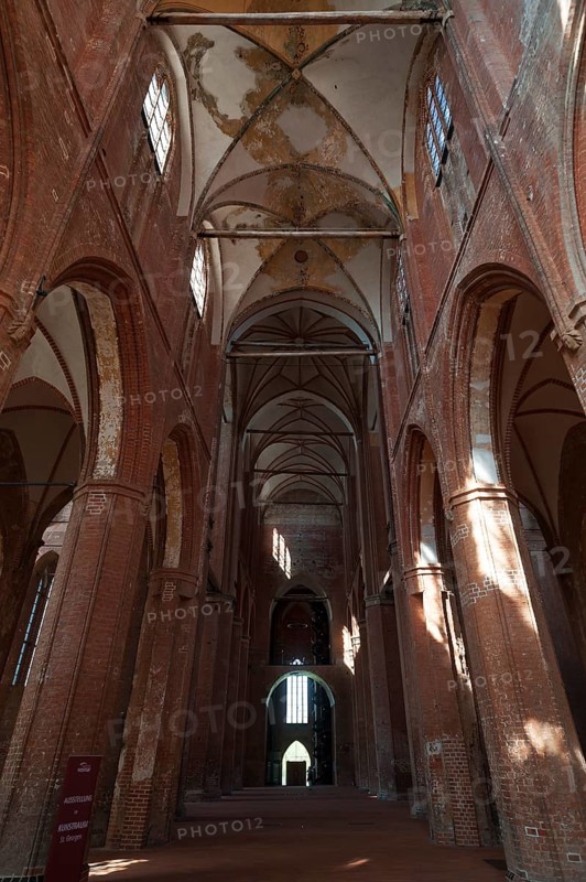 Empty interior of St Georgen, Gothic brick building of the 14th century, under reconstruction, Wismar, Mecklenburg-Vorpommern, Germany