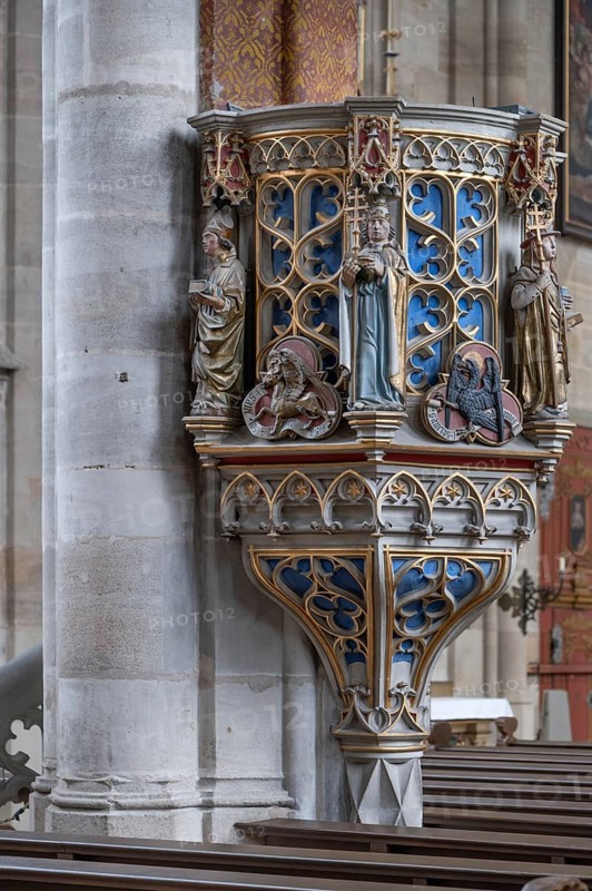 Pulpit in the late Gothic hall church of St George, Dinklelsbühl, Bavaria, Germany