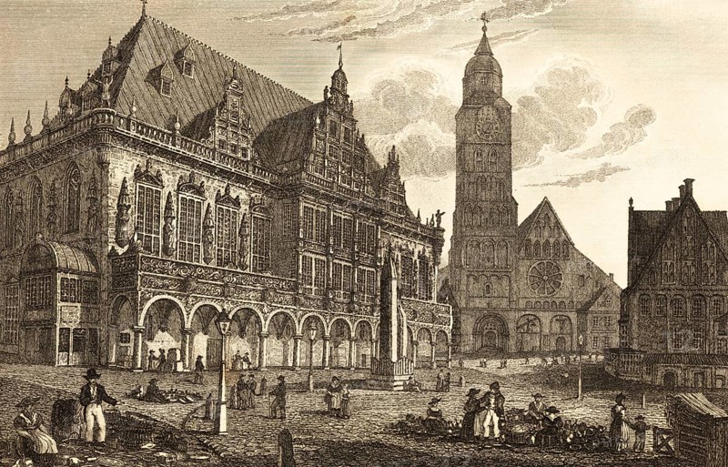 Town Hall, Roland am Marktplatz and the Romanesque St. Peter Cathedral of the Hanseatic City of Bremen, Germany, brick Gothic, Weser Renaissance, UNESCO World Heritage Site, dealer, market day, trade, economy, people, goods, baskets, architecture, culture, steel engraving, historical illustration 1834