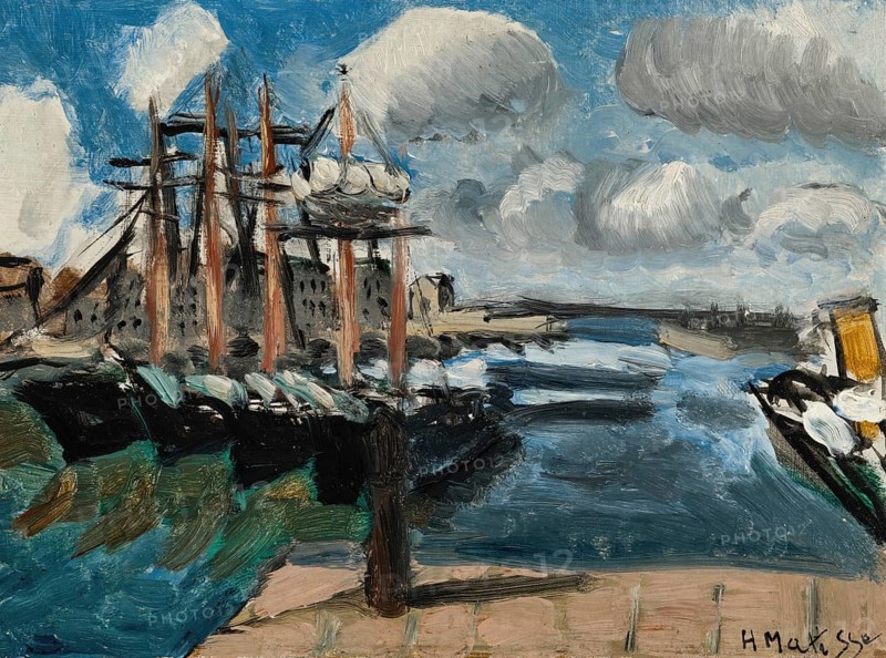 Henri Matisse, Henri Emile Benoit Matisse (born 31 December 1869, died 3 November 1954 in Cimiez), French painter, graphic artist, draughtsman, Classical Modernist. Here his work:, Port de Cherbourg (1918), Port of Cherbourg, Painting, Reproduction of the painting, Work of art, Historical, Impressionist harbour scene with ships and dramatic sky full of clouds