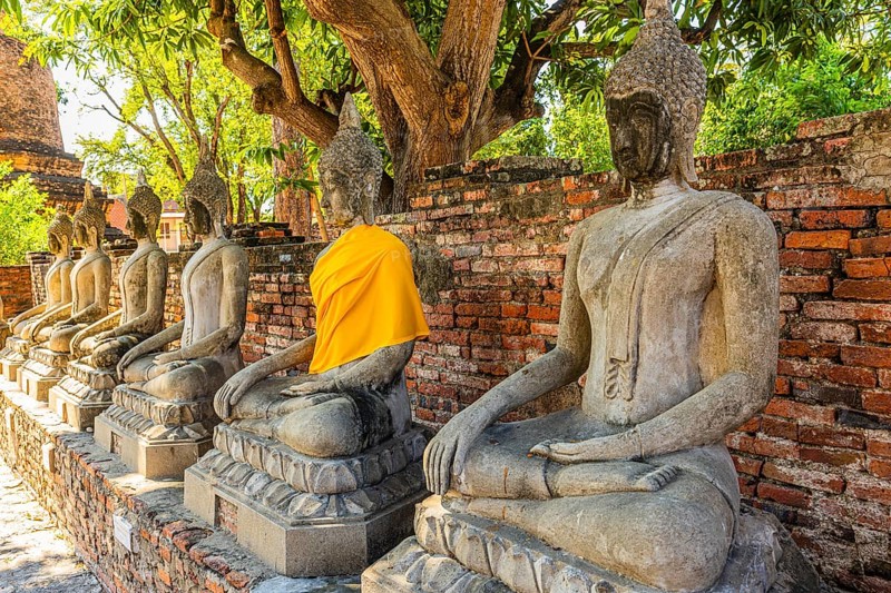 Stone Buddha statues, historic Buddhist temple complex, Ayutthaya, Thailand