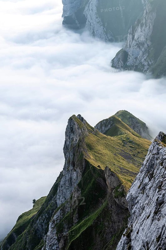 Mountain ridge in the Alpstein, high fog in the valley, Säntis, Appenzell Ausserrhoden, Appenzell Alps, Switzerland