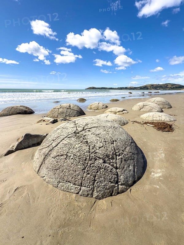 Round stones of the Moeraki Boulders at Moeraki Beach, Moeraki, South Island, New Zealand, Oceania