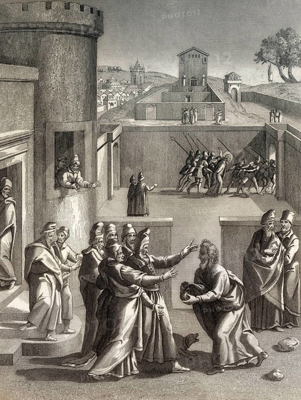 Judas Iscariot before Pontius Pilate, New Testament, steel engraving 1853, digitally restored