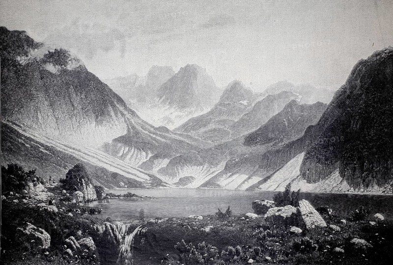 The Black Lake, a glacial lake in the Fischsee Valley in the High Tatras, 1891, Poland, authentic, digitally restored reproduction from a 19th century model, exact date of presentation unknown, historical, An alpine lake surrounded by majestic mountains and green vegetation