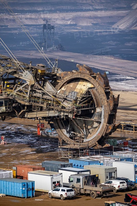 Garzweiler opencast lignite mine, bucket wheel excavator undergoing maintenance and repair, near Jüchen, North Rhine-Westphalia, Germany
