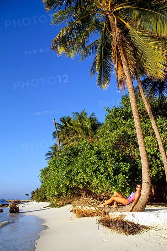 Young woman in colourful swimming costume leaning relaxed on slanted trunk of coconut palm (Cocos nucifera) on beach of Maldives island in Indian Ocean, Maldives
