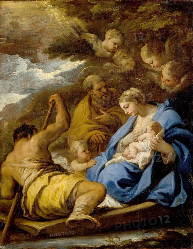 The Flight into Egypt, painting made by Luca Giordano (Italian, 1634-1705), historically, digitally restored reproduction of a 17th-century original, exact date unknown, The Flight into Egypt, painting made by Luca Giordano (Italian, Historically, digitally restored reproduction of a 17th-century original, exact date unknown