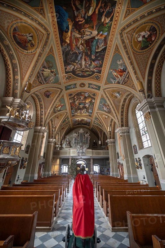 Interior of the parish church of the Assumption of the Virgin Mary decorated with the palm donkey for the palm donkey procession, tradition since the 18th century, Thaur, Innsbruck district, Tyrol, Austria