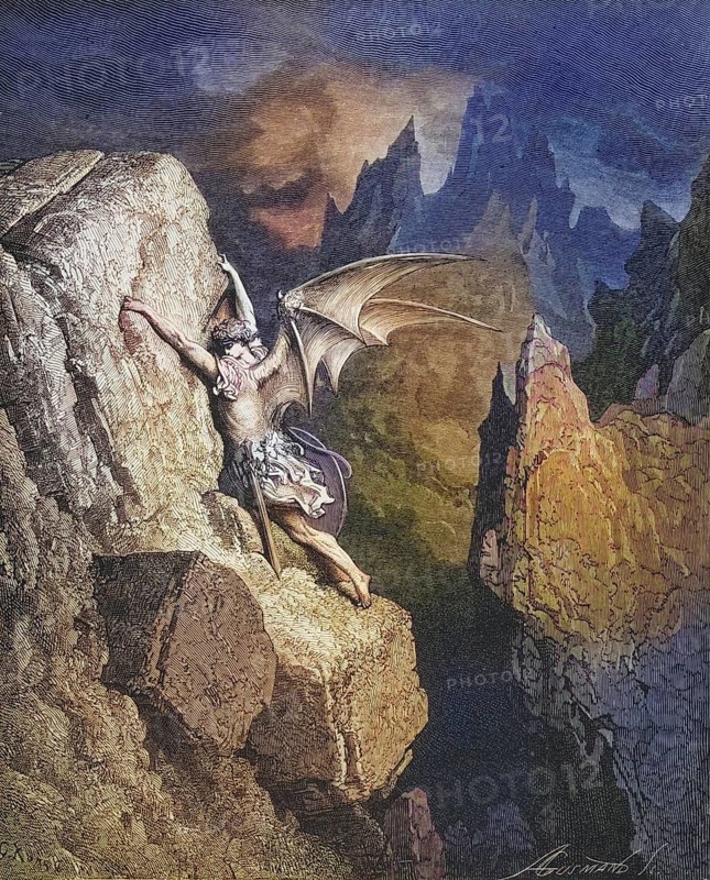 Illustration by Gustave Dore (1832-1883) for Paradise Lost, The Paradise Lost, published in 1667, is an epic poem in blank verse by the English poet John Milton, Inferno, Hell, Paradise, Angel, Damnation, Historical, digitally restored reproduction from a 19th century original, Record date not stated