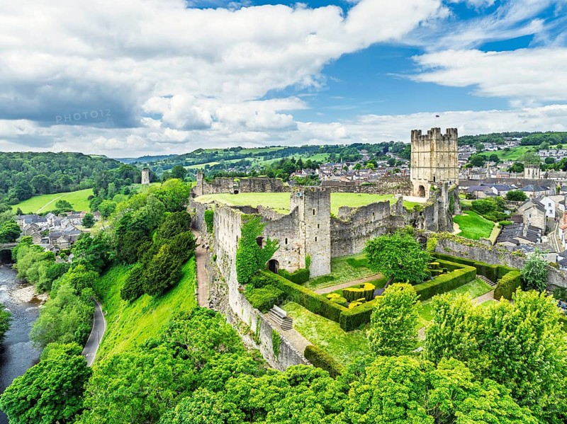 Richmond Castle from a drone, Richmond, Yorkshire Dales, North Yorkshire, England, United Kingdom